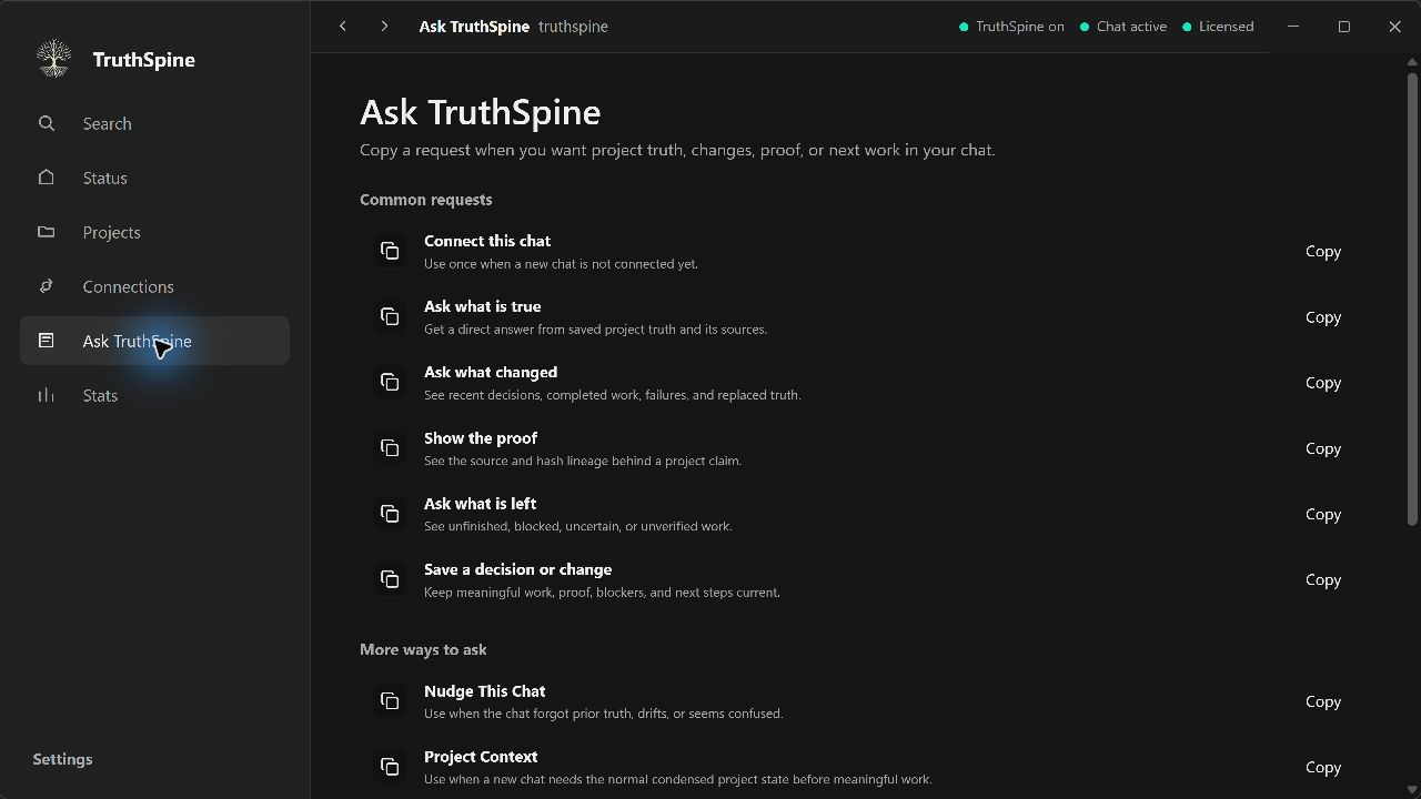 TruthSpine showing plain-language project questions a user can ask